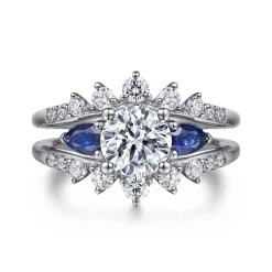 Discount Gabriel & Co. Harmony - 14K White Gold Round Three Stone Sapphire and Diamond Engagement Ring
