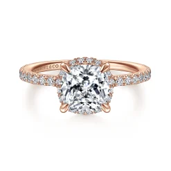 New Gabriel & Co. Hart - 14K Rose Gold Cushion Hidden Halo Diamond Engagement Ring