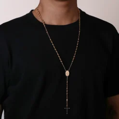 Outlet Gabriel & Co. 27 Inch 14K Rose Gold Black Diamond Cross Rosary Solid Men's Link Chain Necklace