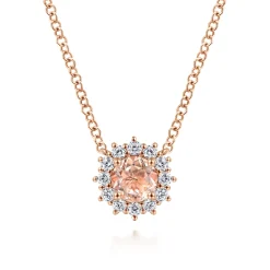 New Gabriel & Co. 18 inch 14K Rose Gold Round Morganite and Diamond Halo Pendant Necklace