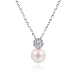 Clearance Gabriel & Co. 18 inch 14K White Gold Cultured Pearl and Diamond Pave Pendant Necklace
