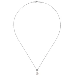 Sale Gabriel & Co. 18 inch 14K White Gold Cultured Pearl and Floral Diamond Pendant Necklace
