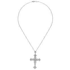 Gabriel & Co. 18 inch 18K White Gold Ornate Diamond Cross Pendant Necklace