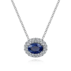 New Gabriel & Co. 18 inch 14K White Gold Oval Sapphire and Diamond Halo Pendant Necklace