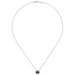New Gabriel & Co. 18 inch 14K White Gold Oval Sapphire and Diamond Halo Pendant Necklace