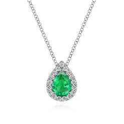 Gabriel & Co. 18 inch 14K White Gold Pear Shaped Emerald and Diamond Halo Pendant Necklace