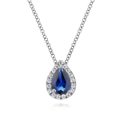 New Gabriel & Co. 18 inch 14K White Gold Pear Shaped Sapphire and Diamond Halo Pendant Necklace