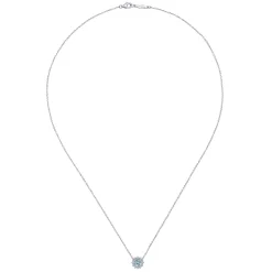 Discount Gabriel & Co. 18 inch 14K White Gold Round Aquamarine and Diamond Halo Pendant Necklace