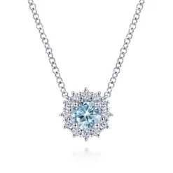 Discount Gabriel & Co. 18 inch 14K White Gold Round Aquamarine and Diamond Halo Pendant Necklace