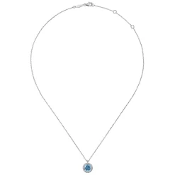 Sale Gabriel & Co. 18 inch 14K White Gold Round Blue Topaz and Diamond Halo Pendant Necklace