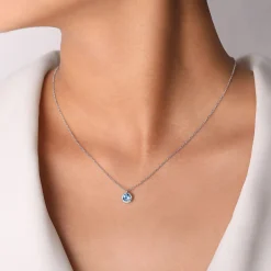 Sale Gabriel & Co. 18 inch 14K White Gold Round Blue Topaz and Diamond Halo Pendant Necklace
