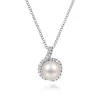 Online Gabriel & Co. 18 inch 14K White Gold Round Cultured Pearl and Diamond Halo Pendant Necklace