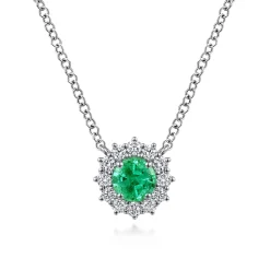 Online Gabriel & Co. 18 inch 14K White Gold Round Emerald and Diamond Halo Pendant Necklace