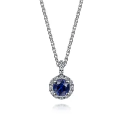 Hot Gabriel & Co. 18 inch 14K White Gold Round Sapphire and Diamond Halo Pendant Necklace