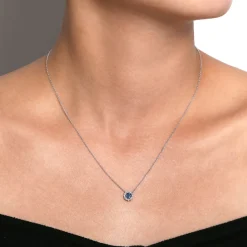Sale Gabriel & Co. 18 inch 14K White Gold Round Sapphire and Diamond Halo Pendant Necklace