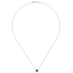 Sale Gabriel & Co. 18 inch 14K White Gold Round Sapphire and Diamond Halo Pendant Necklace