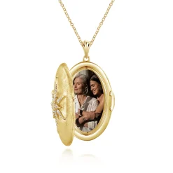Best Gabriel & Co. 25 inch 14K Yellow Gold Oval Locket Necklace with Diamond Starburst Overlay