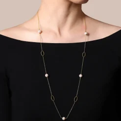 Outlet Gabriel & Co. 32 Inch 14K Yellow Gold Pearl and Bujukan Ovals Station Necklace