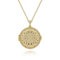 Gabriel & Co. 25 inch 14K Yellow Gold Round Filigree and Diamond Locket Necklace