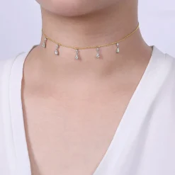 Gabriel & Co. 18 inch 14K Yellow White Gold Pear Shaped Diamond Station Choker Necklace
