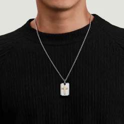 Gabriel & Co. 22 Inch 925 Sterling Silver and 14K Yellow Gold Dog Tag With Cross Pendant Necklace