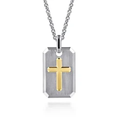 Gabriel & Co. 22 Inch 925 Sterling Silver and 14K Yellow Gold Dog Tag With Cross Pendant Necklace