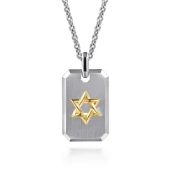 Gabriel & Co. 22 Inch 925 Sterling Silver and 14K Yellow Gold Dog Tag With Star of David Pendant Necklace
