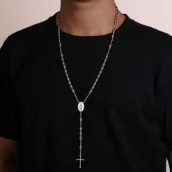 Gabriel & Co. 27 Inch 925 Sterling Silver Diamond Cross Rosary Solid Men's Link Chain Necklace