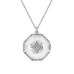New Gabriel & Co. 25 inch 925 Sterling Silver Octagonal Locket Necklace with White Sapphire