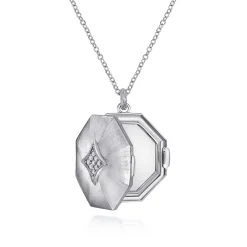 New Gabriel & Co. 25 inch 925 Sterling Silver Octagonal Locket Necklace with White Sapphire