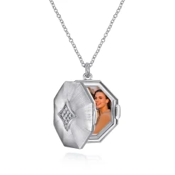 New Gabriel & Co. 25 inch 925 Sterling Silver Octagonal Locket Necklace with White Sapphire