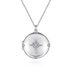 New Gabriel & Co. 25 inch 925 Sterling Silver Round White Sapphire Starburst Locket Necklace