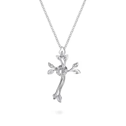 Best Gabriel & Co. 18 inch 925 Sterling Silver Twisted Wreath Cross Pendant with Diamond and Leaf Accents