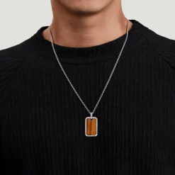 New Gabriel & Co. 22 Inch 925 Sterling Silver Yellow Tiger Eye Dog Tag Pendant Necklace