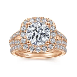Discount Gabriel & Co. James - 14K Rose Gold Cushion Halo Round Diamond Engagement Ring