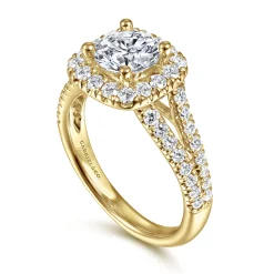 Discount Gabriel & Co. James - 14K Yellow Gold Cushion Halo Round Diamond Engagement Ring