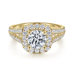 Discount Gabriel & Co. James - 14K Yellow Gold Cushion Halo Round Diamond Engagement Ring