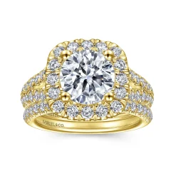 Discount Gabriel & Co. James - 14K Yellow Gold Cushion Halo Round Diamond Engagement Ring