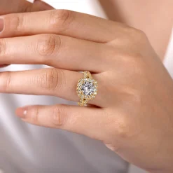 Discount Gabriel & Co. James - 14K Yellow Gold Cushion Halo Round Diamond Engagement Ring