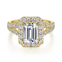 Clearance Gabriel & Co. James - 14K Yellow Gold Halo Emerald Cut Diamond Engagement Ring
