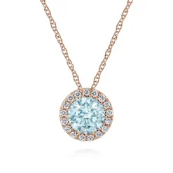 Outlet Gabriel & Co. 14K Rose Gold Aquamarine and Diamond Halo Pendant Necklace