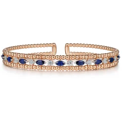 New Gabriel & Co. 14K Rose Gold Bujukan Cuff Bracelet with Marquise Sapphire and Round Diamonds