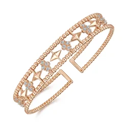 New Gabriel & Co. 14K Rose Gold Bujukan Diamond Cluster and Gold Pyramid Cuff Bangle
