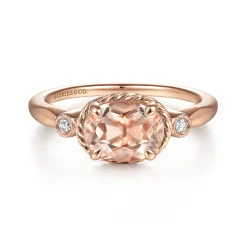Discount Gabriel & Co. 14K Rose Gold Horizontal Oval Morganite and Diamond Three Stone Ring
