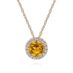 Hot Gabriel & Co. 14K Rose Gold Round Citrine and Diamond Halo Pendant Necklace