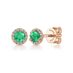 Discount Gabriel & Co. 14k Rose Gold Round Diamond Halo Emerald Stud Earrings