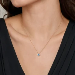Best Gabriel & Co. 14K Rose Gold Round Swiss Blue Topaz and Diamond Halo Pendant Necklace