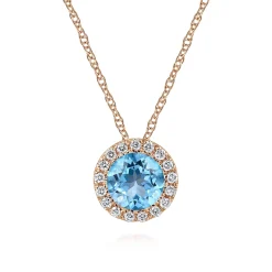 Best Gabriel & Co. 14K Rose Gold Round Swiss Blue Topaz and Diamond Halo Pendant Necklace