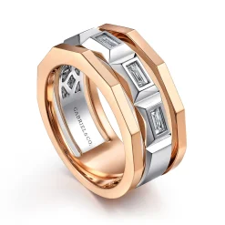 Best Gabriel & Co. 14K White and Rose Gold Faceted Ring with Diamond Baguettes in High Polished Finish