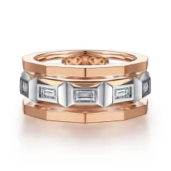 Best Gabriel & Co. 14K White and Rose Gold Faceted Ring with Diamond Baguettes in High Polished Finish